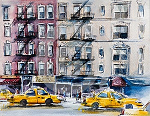 Busy New York street. Watercolor sketch.