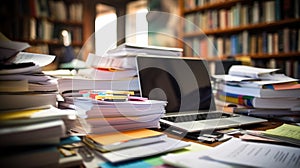 Busy office desk with a laptop and a large stack of paperwork. AI generated