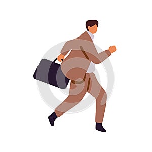 Busy office worker hurries to work. Businessman with briefcase lates. Employee in suit running. Bad time management