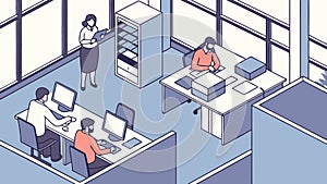 Busy Open-Plan Office with Collaborating Teams, Productive Workspace, vector design Generative AI