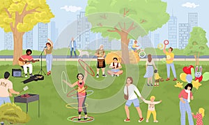 Busy park with street performers, people resting and walking vector illustration
