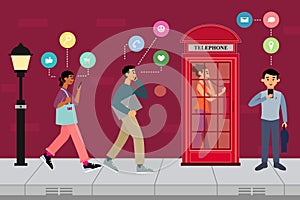 Busy people walking and using a smartphone with social media icon. A woman using a public telephone at the red telephone box.
