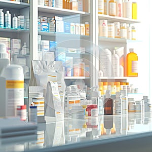 Busy Pharmacy Counter with Many Medicine Bottles