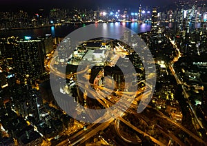 Busy road at night in Hong Kong in drone point of view