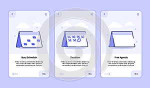 Busy schedule deadline free agenda onboarding screen for mobile apps template banner page UI with three variations