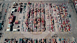 Busy seaport container terminal traffic, aerial view