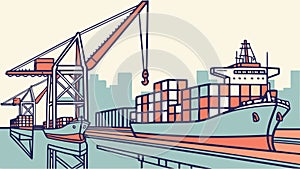 Busy Shipping Port with Cargo Ship and Container Cranes, vector design Generative AI