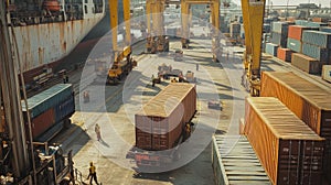 A busy shipping yard with containers and machinery for loading and unloading cargo