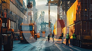 Busy shipping yard with trucks, containers, and workers during sunset