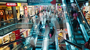 Busy shopping mall with people walking up and down the escalators generated by AI
