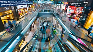 Busy shopping mall with people walking up and down escalators generated by AI