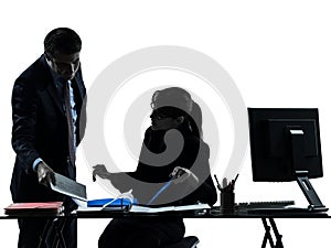 Busy smiling business woman man couple silhouette