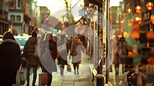 A busy street lined with women window shopping and browsing through quaint alcoholfree boutiques photo