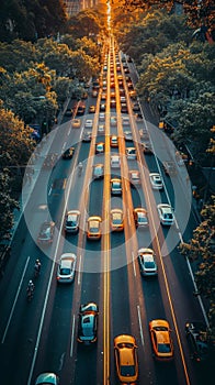 Busy Street With Traffic Next to Trees