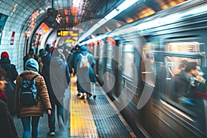 A busy subway platform with a group of commuters waiting for the train to arrive, A crowded subway platform with commuters rushing