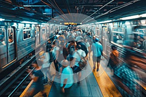 A busy subway platform with a group of commuters walking hurriedly to their destinations, A crowded subway platform with commuters