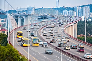 Busy traffic closeup on the bridge