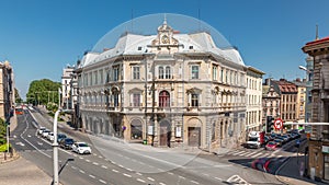 Busy traffic on intersection near Chrobry Square in Bielsko-Biala timelapse, Poland.