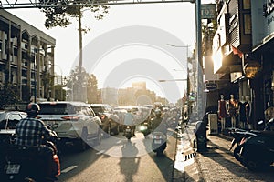 Busy traffic jam during sunset in Ho Chi Minh city Saigon, Vietnam