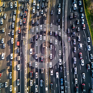 Busy traffic on a large highway, view from above. A lot of cars on the highway,