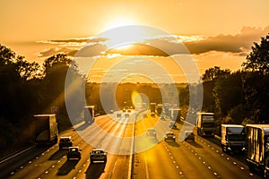 Busy traffic on uk motorway road overhead view at sunset