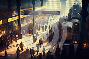 Zaneprázdnený vlak stanica cestujúcich a posádka rušný okolo platformy 