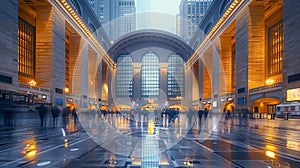 Busy train station with people walking around and a large archway. The atmosphere is bustling and lively