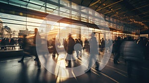 Busy unrecognizable people walking fast in train station