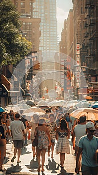 Busy urban street shaded by umbrellas in a heatwave. The need for sun protection in city life