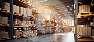 Busy warehouse with cartons, shelves, pallets, forklifts logistics blurred background