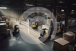 busy warehouse with forklifts moving packages and workers loading delivery trucks