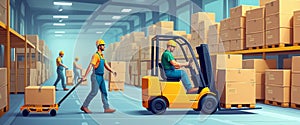 Busy warehouse scene with workers and a forklift