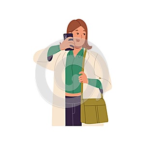 Busy woman in casual urban outfit walking, chats by phone call on the go. Female communicates, speaks by smartphone