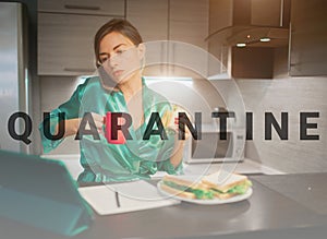 Busy woman eating, drinking coffee, talking on the phone, working on a laptop at the same time. Businesswoman doing