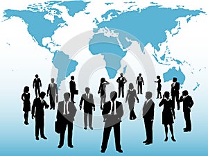 Busy world business people connect under map