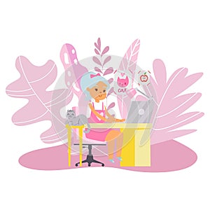 Busy young business woman working at desk typing on laptop, remote work, office at home, cute cartoon character girl