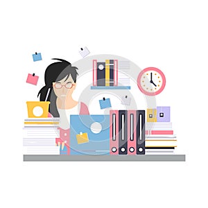 Busy young businesswoman character sitting at the computer desk with laptop, working moment of office employee vector