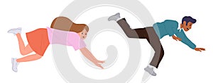 Busy young man and woman cartoon character running in rush falling down during race challenge