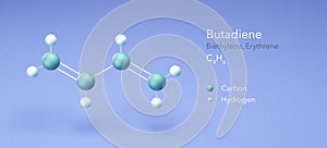 butadiene, biethylene, colorless gas, molecular structures, 3d rendering, Structural Chemical Formula and Atoms with Color Coding