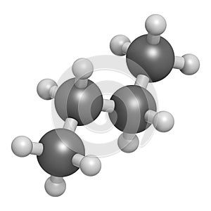 Butane hydrocarbon molecule. Commonly used as fuel gas, alone or combined with propane (LPG, liquified petroleum gas). Atoms are