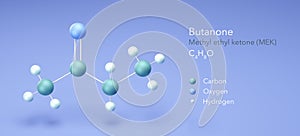 butanone molecule, molecular structures, methyl ethyl ketone, 3d model, Structural Chemical Formula and Atoms with Color Coding