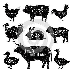 Butcher animals logo. Chicken goat turkey cow pig sheep silhouettes, farm animal butchery shop. Vector vintage black