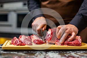 A butcher in an apron in the kitchen cuts pork on a wooden board. Steak.