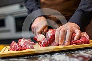 A butcher in an apron in the kitchen cuts pork on a wooden board. Steak.