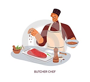 Butcher chef, cook preparing raw meat. Professional kitchen worker in culinary hat cooking beef, sprinkling steak with