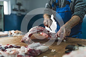 butcher cut raw meat of a pig with a knife at table in the slaughterhouse