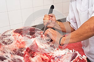 Butcher cutting meat in the butchery. Close up