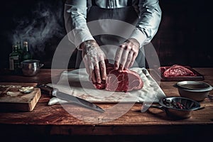 Butcher cutting meat with a sharp knife. AI.