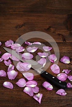 Butcher knife with pink rose petals