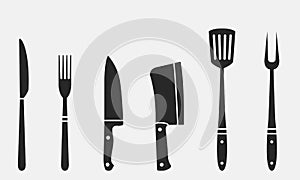 Butcher knives, grill fork and spatula. Fork and knife, meat knife, cleaver, chef, bbq fork. Butcher knives. Set of restaurant ico